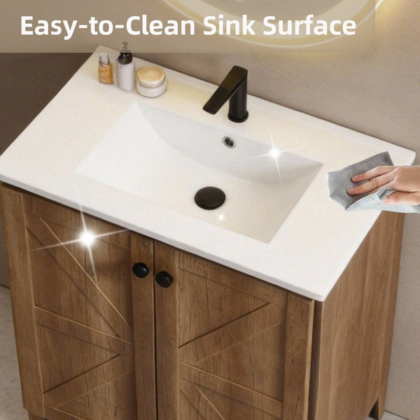 English Elm 30 Inch Floating Bathroom Vanity Fluted Wood Grain Front with Ceramic Integrated Sink Golden Oak W3520S00033