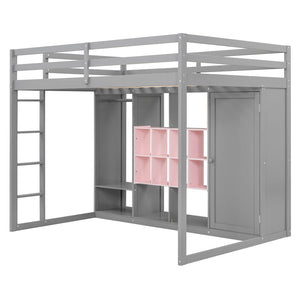English Elm Twin Loft Bed with Wardrobe Shelves and Cabinet Kids Bedroom Wood Storage Frame Pink+Grey N708S00024E