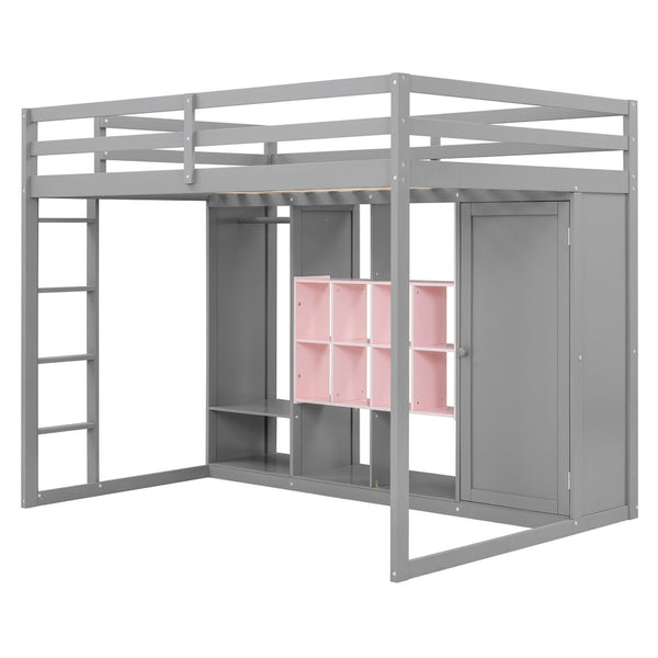 English Elm Twin Loft Bed with Wardrobe Shelves and Cabinet Kids Bedroom Wood Storage Frame Pink+Grey N708S00024E