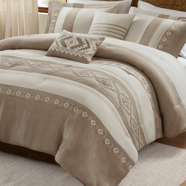English Elm 5-piece Micro Suede Comforter Set with Geometric Embroidery for Full Queen Beds B035P408734