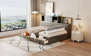 English Elm Full Size Gray Wood Daybed with Storage Drawers Shelf Usb Charging Upholstered Back LP002025AAE-1