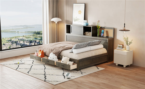 English Elm Full Size Gray Wood Daybed with Storage Drawers Shelf Usb Charging Upholstered Back LP002025AAE-1