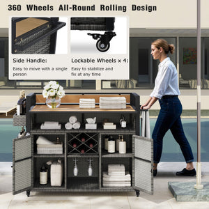 English Elm K&K Wicker Outdoor Grill Cart with Foldable Drop Leaf, Locking Wheels, Wine Rack & Ample Storage Grey N707P233747G