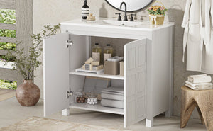 English Elm 36" Bathroom Vanity Organizer with Ceramic Sink, Solid Wood Distressed Finish, Hand-Painted Charm and Ample Storage Antique White N729P255666K