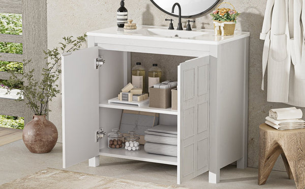 English Elm 36" Bathroom Vanity Organizer with Ceramic Sink, Solid Wood Distressed Finish, Hand-Painted Charm and Ample Storage Antique White N729P255666K