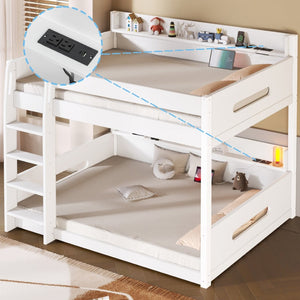 English Elm Queen Over Pine Bunk Bed with Built-in Shelves and Usb Charging Ports White N7090002238K