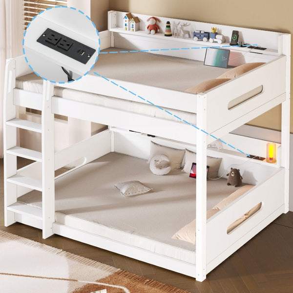 English Elm Queen Over Pine Bunk Bed with Built-in Shelves and Usb Charging Ports White N7090002238K