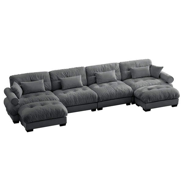 English Elm U Cloud Sectional Sofa with Movable Ottomans, Deep Velvet 4‑Seat Convertible Corner Couch, Plush Support and Bolster Arms Grey W714S01130