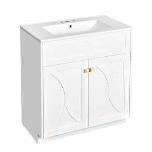 English Elm 30'' Bathroom Vanity With Ceramic Sink Combo - Modern Freestanding Cabinet, Gold Handles & Soft-Close Doors N710P194898K