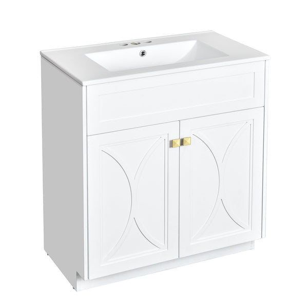 English Elm 30'' Bathroom Vanity With Ceramic Sink Combo - Modern Freestanding Cabinet, Gold Handles & Soft-Close Doors N710P194898K