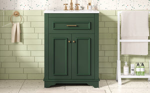 English Elm 24" Matte Single Sink Vanity Solid Poplar Frame Gold Hardware Soft Close Cabinet Green N710P389449F