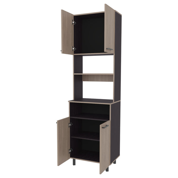 English Elm White Oak Modern Pantry Cabinet with Open Shelves, 4 Doors, Wengue Accents & Metal Legs - Sleek Storage Solution B062P323175