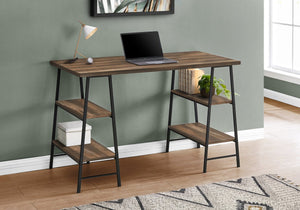 English Elm Computer Desk with Industrial Sawhorse Legs and 4 Open Shelves, 48" Reclaimed Wood-Look Workspace Brown 51 L x 26 W x 5 H B2710P219814
