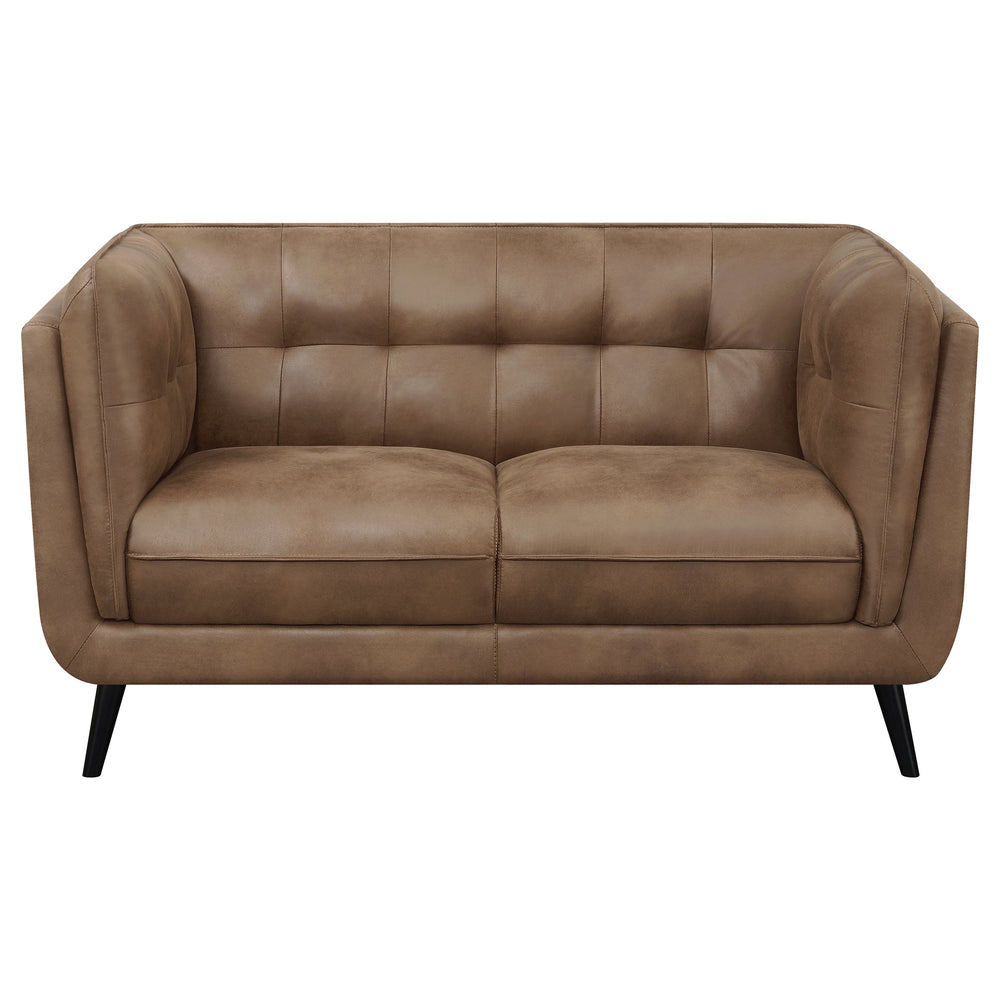 English Elm Maximillion Vintage Brown Chesterfield-Style Loveseat with Tufted Shelter Arms, Microfiber Leather Elegance B062P358089