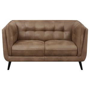 English Elm Maximillion Vintage Brown Chesterfield-Style Loveseat with Tufted Shelter Arms, Microfiber Leather Elegance B062P358089
