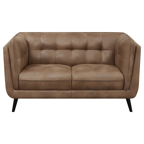 English Elm Maximillion Vintage Brown Chesterfield-Style Loveseat with Tufted Shelter Arms, Microfiber Leather Elegance B062P358089
