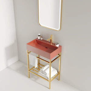 English Elm LOFI Ceramic Integrated Bathroom Vanity 24" with Rectangular Basin, Open Metal Shelf, Easy Clean Gold,Red W2615S00079