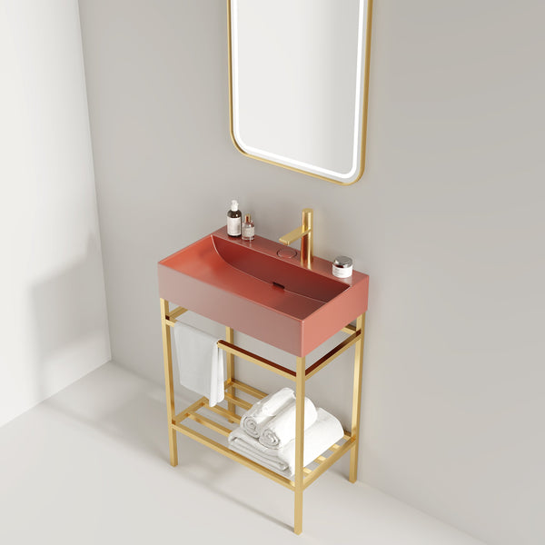 English Elm LOFI Ceramic Integrated Bathroom Vanity 24" with Rectangular Basin, Open Metal Shelf, Easy Clean Gold,Red W2615S00079