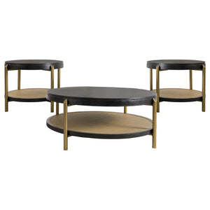 English Elm Benson Round Coffee and End Table Set with Brass Legs Rattan Shelf Accent B062S01404