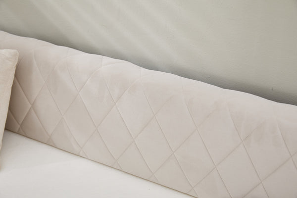 English Elm Beige velvet daybed with diamond-grid pull-out trundle, modern sturdy wood frame for guests and lounge W1361S00031