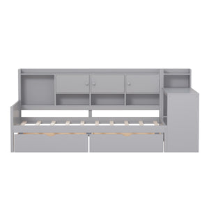 English Elm Twin L-Shape Daybed with Storage, 3 Cabinets & 2 Drawers, Built-In Desk Bookshelf, Gray Twin N733S247070E