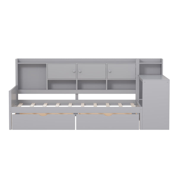 English Elm Twin L-Shape Daybed with Storage, 3 Cabinets & 2 Drawers, Built-In Desk Bookshelf, Gray Twin N733S247070E