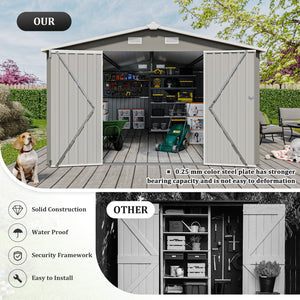 English Elm Campcraft Galvanized Steel Outdoor Storage Shed with Lockable Doors and Four Air Vents Light Gray W1598S00023
