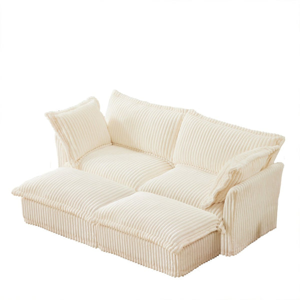 English Elm Slipcovered 2-Seater Sofa With 2 Ottomans | Cozy Corduroy Cream Sleeper For Living Room Comfort W3041S00137-GIGA