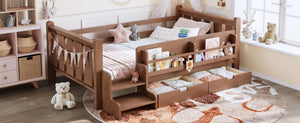 English Elm Twin Pine Floor Bed with Guardrails Built-in Bookcases and Stair Steps for Kids Natural W1580P430200