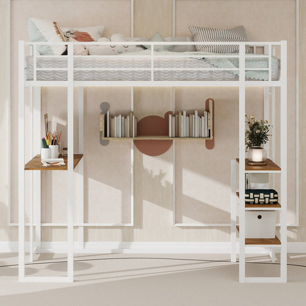 English Elm Iron framed bunk bed with L-shaped study desk and dual-side stairs, space-saving durable design White W1935P330796