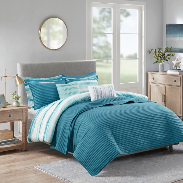 English Elm 8 Piece Printed Seersucker Comforter & Quilt Set - Aqua King/Cal King, Coastal Style & Versatile Comfort B03597257
