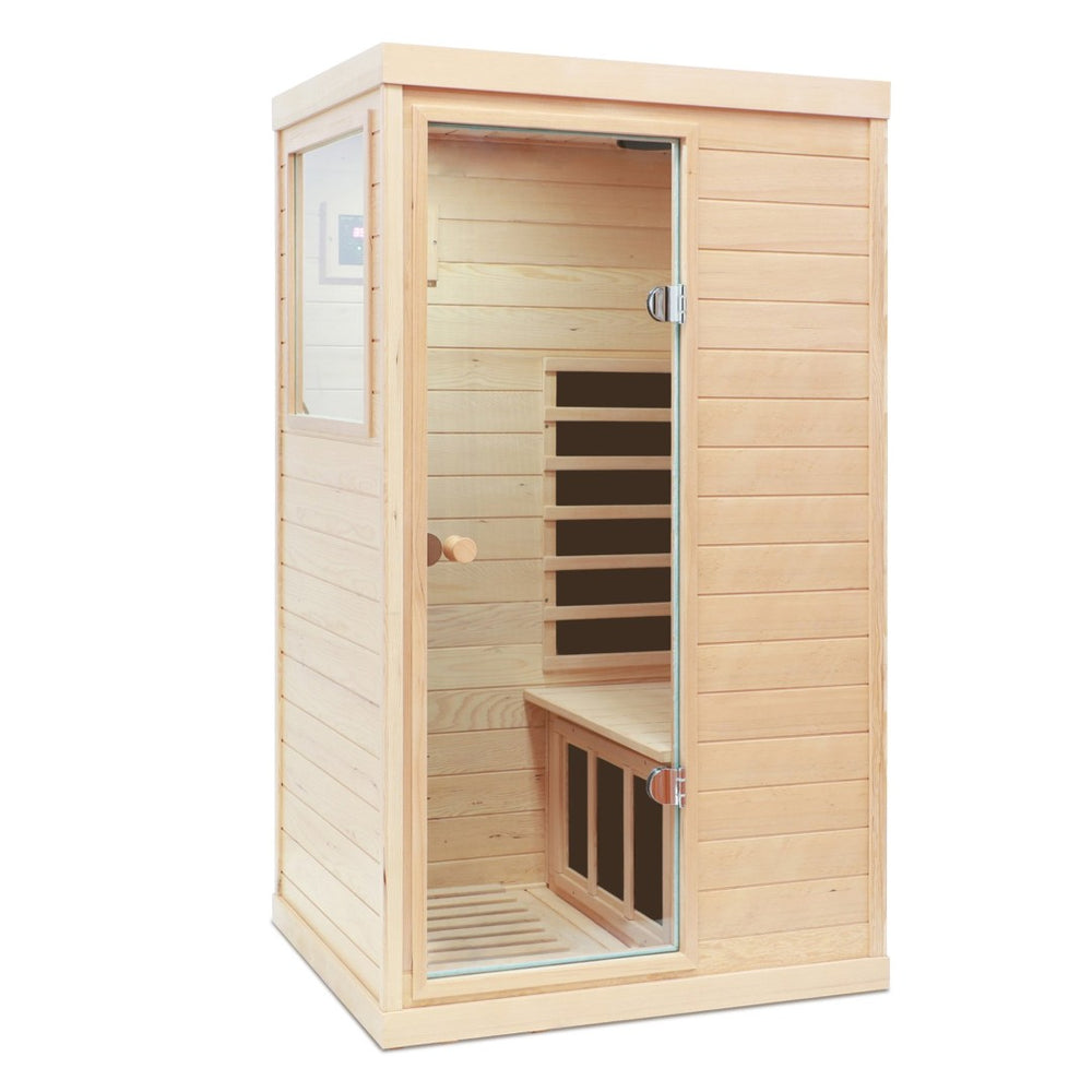 English Elm Hemlock Wood Single Person Far Infrared Sauna with Bluetooth Speaker and Glass Door W632S00007