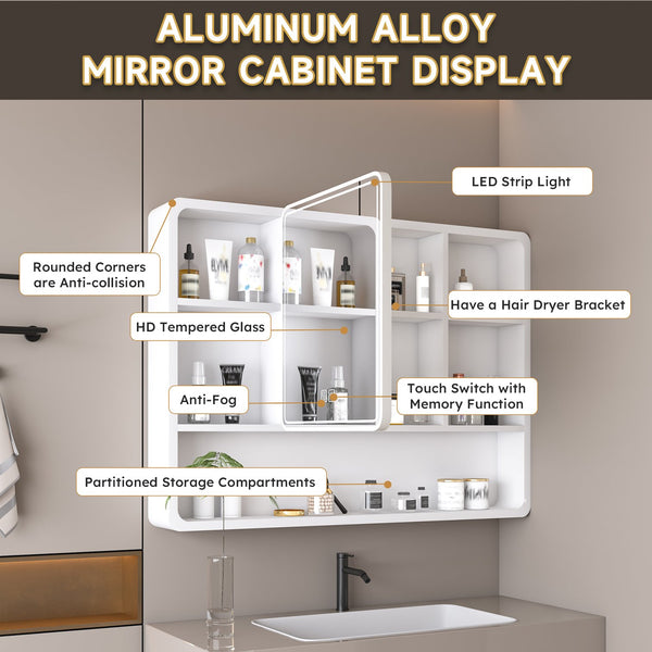 English Elm Aluminium Smart Medicine Cabinet Mirror 35x32 Inch with Defogger, Adjustable LED Lighting & Storage White W2700P269439