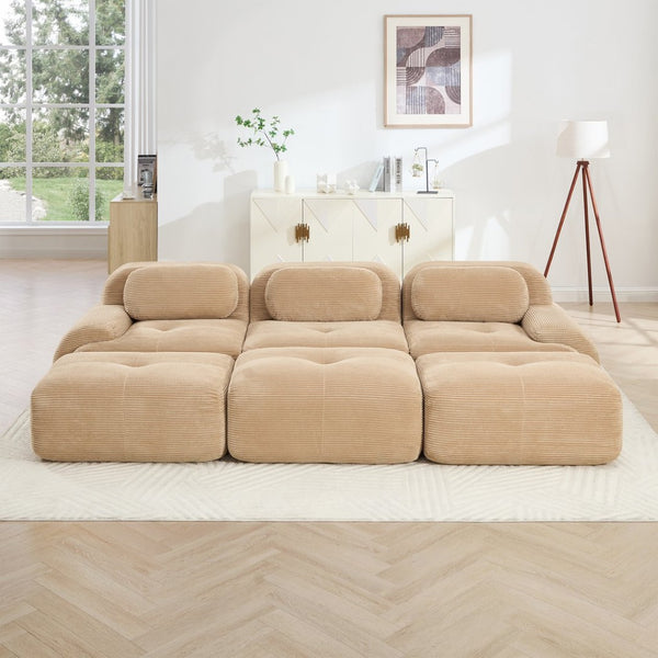 English Elm Three-seat Modular Corduroy Sectional Sofa with Ottomans for Living and Media Rooms Camel W714S01242