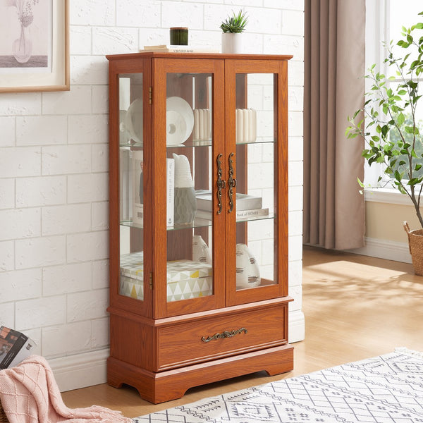 English Elm Lighted Glass Curio Cabinet - Elegant Dark Oak Display With Adjustable Shelves, Built-In Drawer & Bulb W1758P300114
