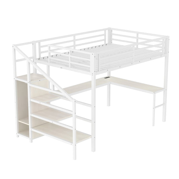 English Elm Queen Size Loft Bed With L-Shaped Desk, Usb Charging & Led Lights - Stylish Storage For All Spaces W1580S00181-GIGA