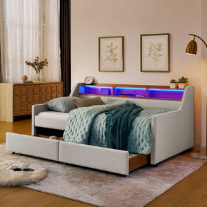 English Elm Twin Size Upholstered Sofa Bed With Led Lighting, Wireless Charging & Storage Drawers In Beige W1413S00056-GIGA