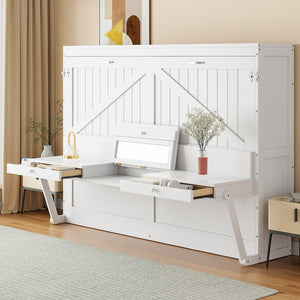 English Elm Queen Murphy Bed Cabinet with Vanity Desk Hydraulic Lift Mirror Distressed Finish White LP000766AAK-1