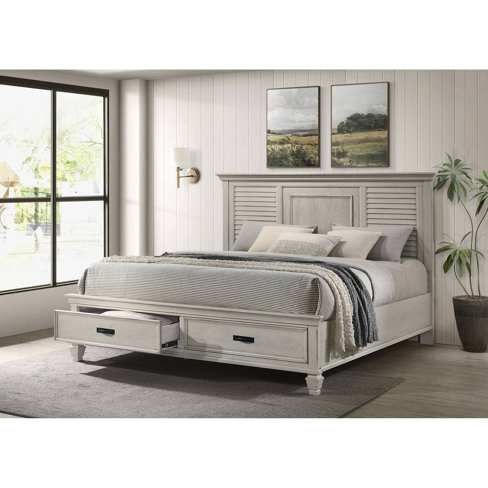 English Elm Capistrano Distressed White Eastern King Bed with Storage Drawers, High Louvered Headboard, Rustic Charm B062S00931