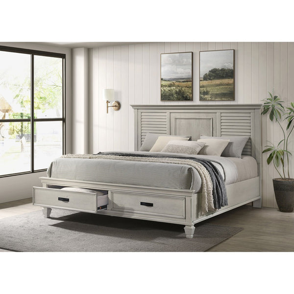 English Elm Capistrano Distressed White Eastern King Bed with Storage Drawers, High Louvered Headboard, Rustic Charm B062S00931