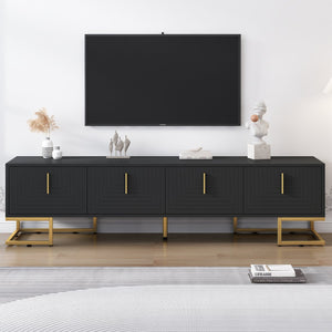 English Elm ON-TREND Modern TV Stand with Geometric Doors, Gold Metal Base, Adjustable Shelves & Cable Management Black+Gold WF325614AAB