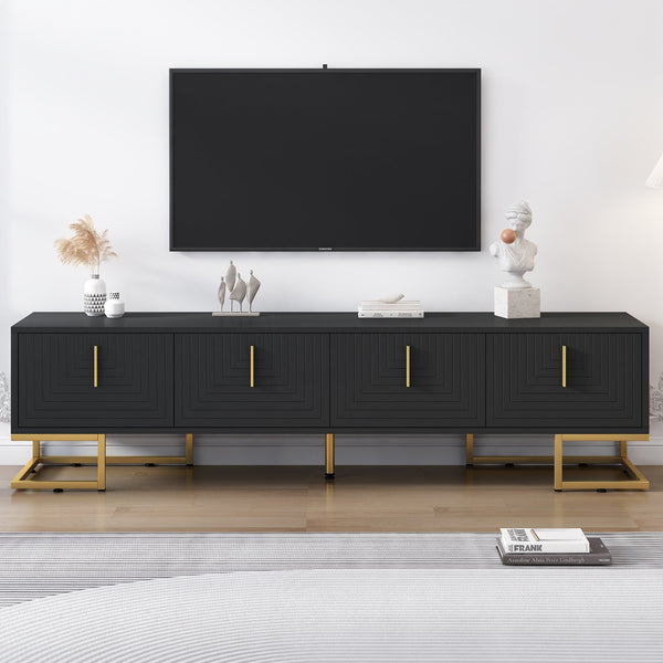 English Elm ON-TREND Modern TV Stand with Geometric Doors, Gold Metal Base, Adjustable Shelves & Cable Management Black+Gold WF325614AAB