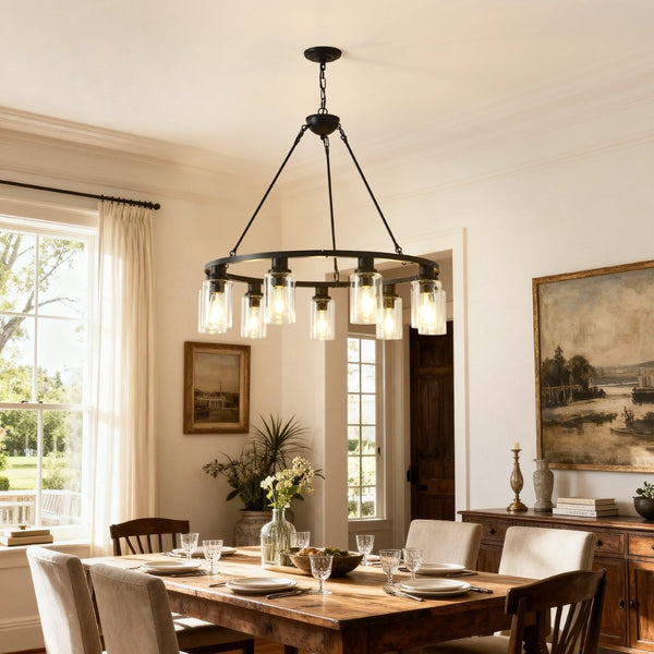 English Elm 9-light Matte Black Wagon Wheel Chandelier Seeded Glass Farmhouse Dining Room W5008P390906