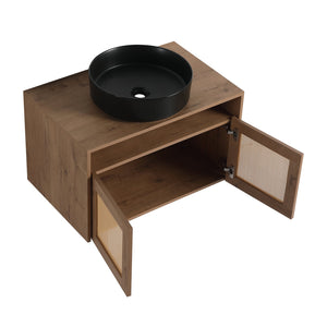 English Elm 30" Modern Wall-Mounted Bathroom Vanity With Black Ceramic Sink, Soft-Close Doors, Oak Finish W999S00398
