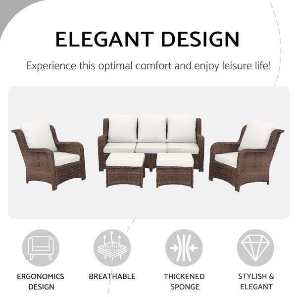 English Elm Patio Rattan Outdoor Sectional Set with 3-Seat Sofa, 2 Chairs & 2 Ottomans Cushioned Comfort Brown Grey,Off White W1710S00256