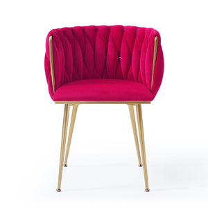 English Elm Modern Velvet Dining Chairs Set of 2 - Upholstered Woven Backrest, Arc Design, Gold Metal Legs for Dining Room, Kitchen, Vanity, Living Space W1117P145347