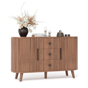 English Elm Sideboard Fluted Credenza with Three Drawers Two Doors Matte Black Modern Storage Walnut T3773P417317