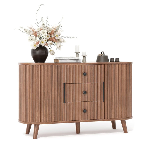 English Elm Sideboard Fluted Credenza with Three Drawers Two Doors Matte Black Modern Storage Walnut T3773P417317