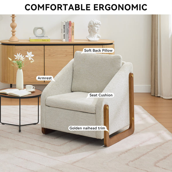 English Elm 057-Set Chenille Fabric Modern Upholstered Armchair with Wooden Side Frame, Ergonomic Cushioned Comfort Beige W527P239825