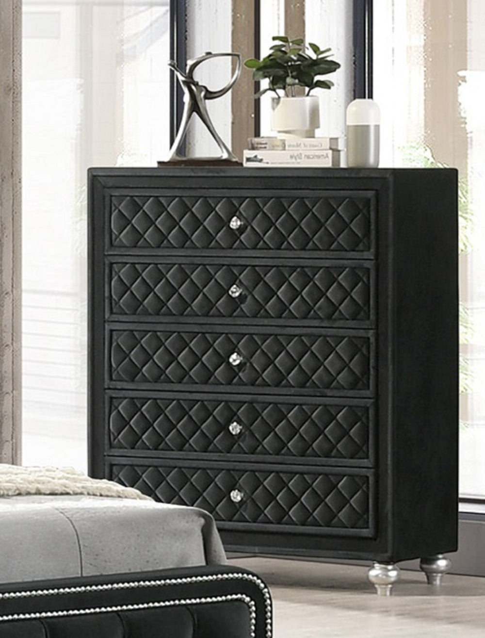English Elm 1pc Cameo 5-Drawer Chest Velvet Tufted Front with Faux Crystal Knobs Gray Wood Finish, Stylish Storage Black 42.52 L x 18.11 W x 47.24 H B2741P329272